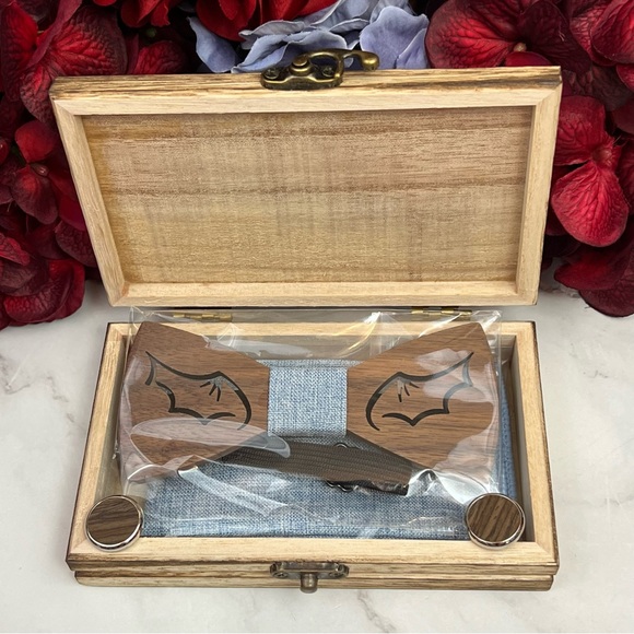 Handmade Wood Batwing Butterfly Bow Tie Cufflinks Blue Pocket Square Set - Picture 13 of 16